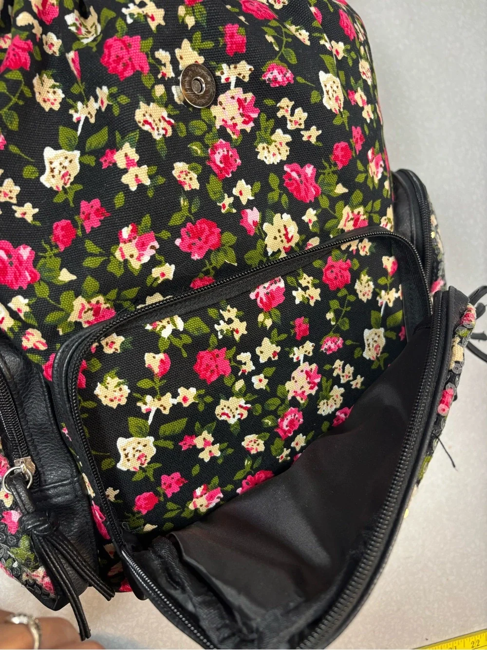 Candie's Black Floral Sequin Backpack with Pink & Cream Accents